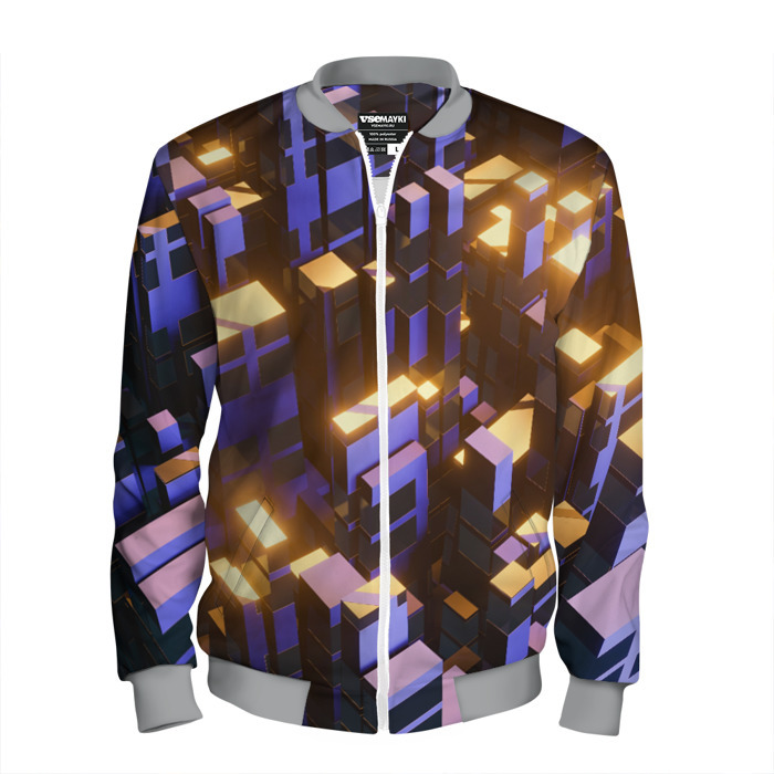 Мужской бомбер 3D Фиолетовые и светящиеся кубы фото