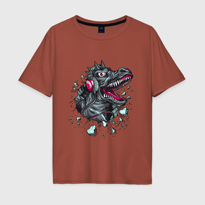 Мужская футболка хлопок Oversize дракон в наушниках фото