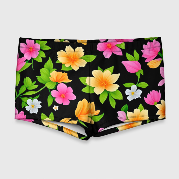 Мужские купальные плавки 3D Цветочки на черном фото