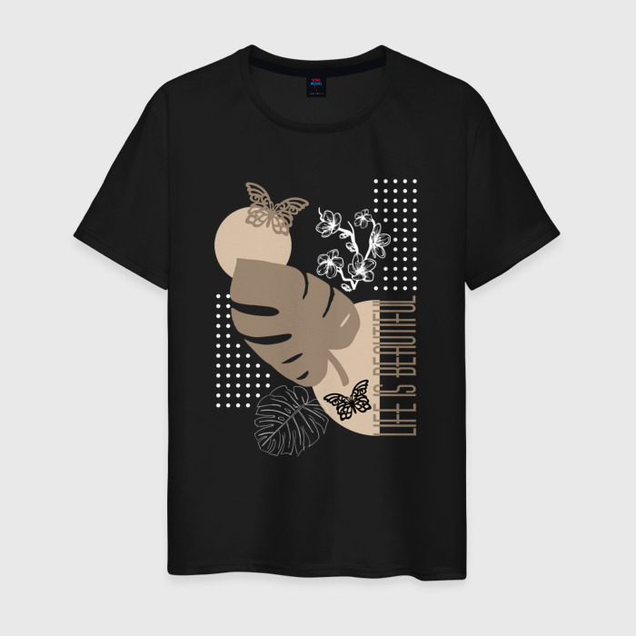 Мужская футболка хлопок Листья и бабочки в бежевых тонах фото