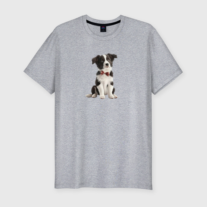 Мужская футболка хлопок Slim Щенок бордер колли с бантиком фото
