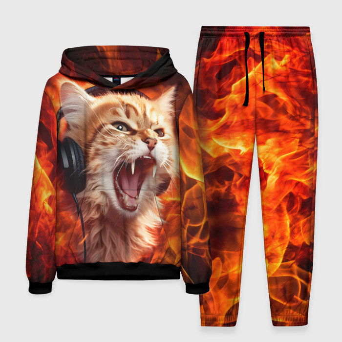 Мужской костюм с толстовкой 3D Кот пламенный меломан фото