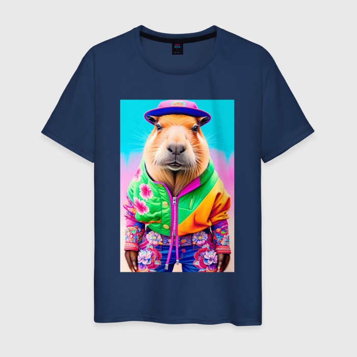 Мужская футболка хлопок Модная капибара   нейросеть фото
