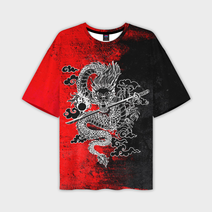 Мужская футболка oversize 3D Дракон с катаной фото