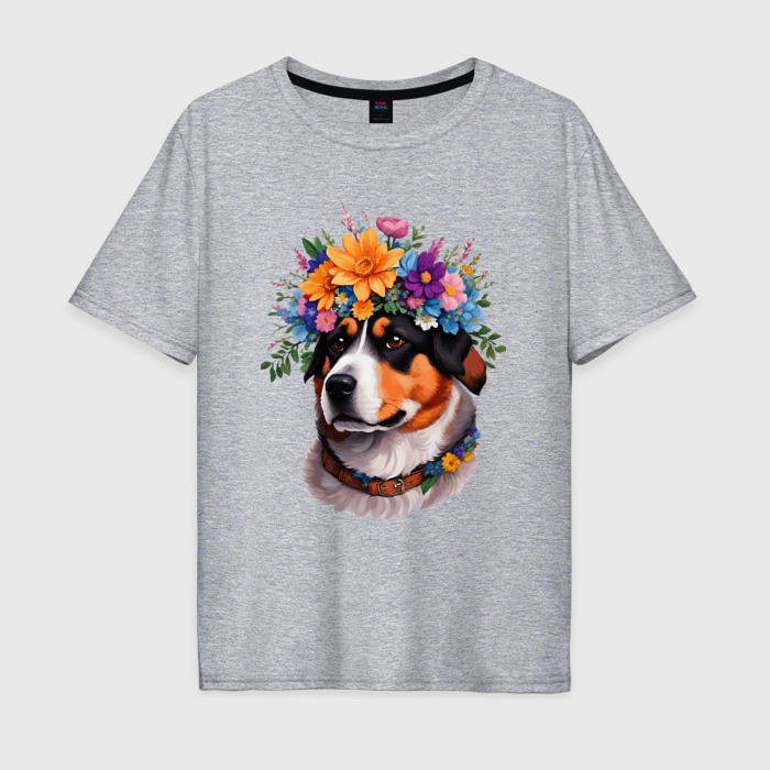 Мужская футболка хлопок Oversize Лабрадор с цветами на голове фото