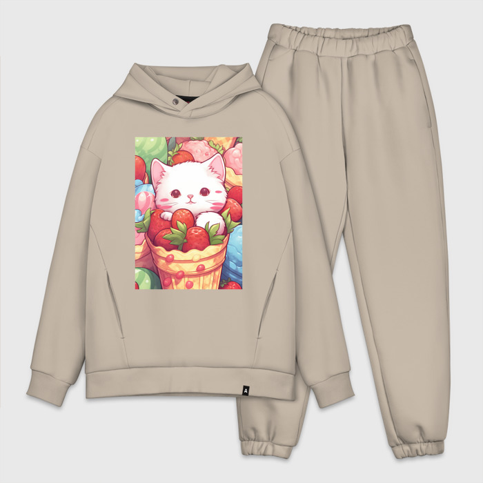 Мужской костюм oversize хлопок Милый котик в коктейле фото