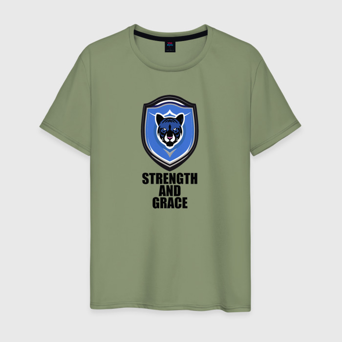 Мужская футболка хлопок Тигр на щите с надписью   Сила и грация фото