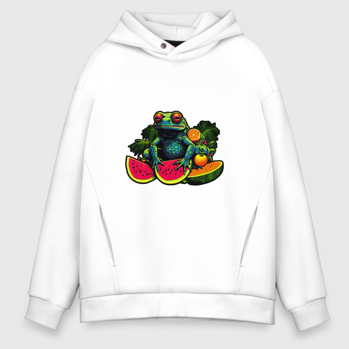 Мужское худи Oversize хлопок Красноглазая лягушка с арбузами   нейросеть фото