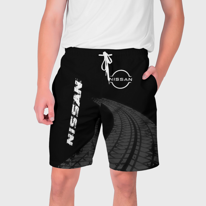 Мужские шорты 3D Nissan speed на темном фоне со следами шин: надпись, символ фото