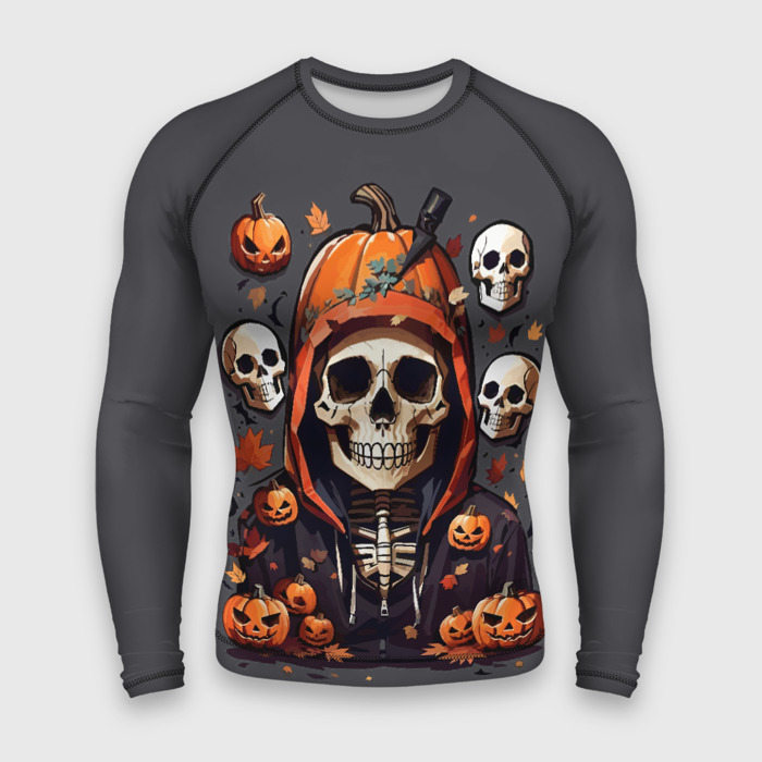 Мужской рашгард 3D Хэллоуин скелет с тыквами фото