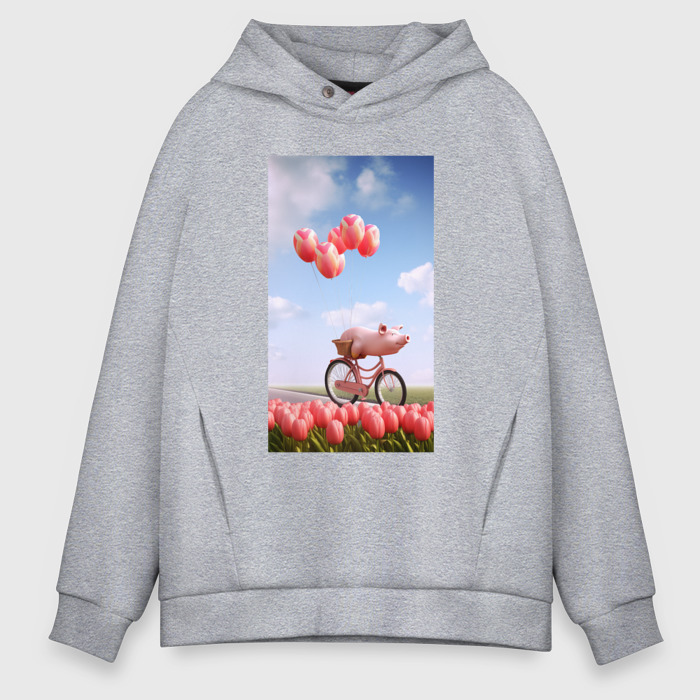 Мужское худи Oversize хлопок Поросенок на велосипеде фото