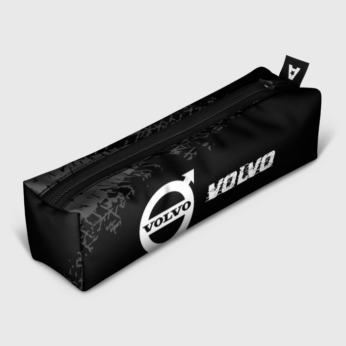 Пенал школьный 3D Volvo speed на темном фоне со следами шин: надпись и символ фото