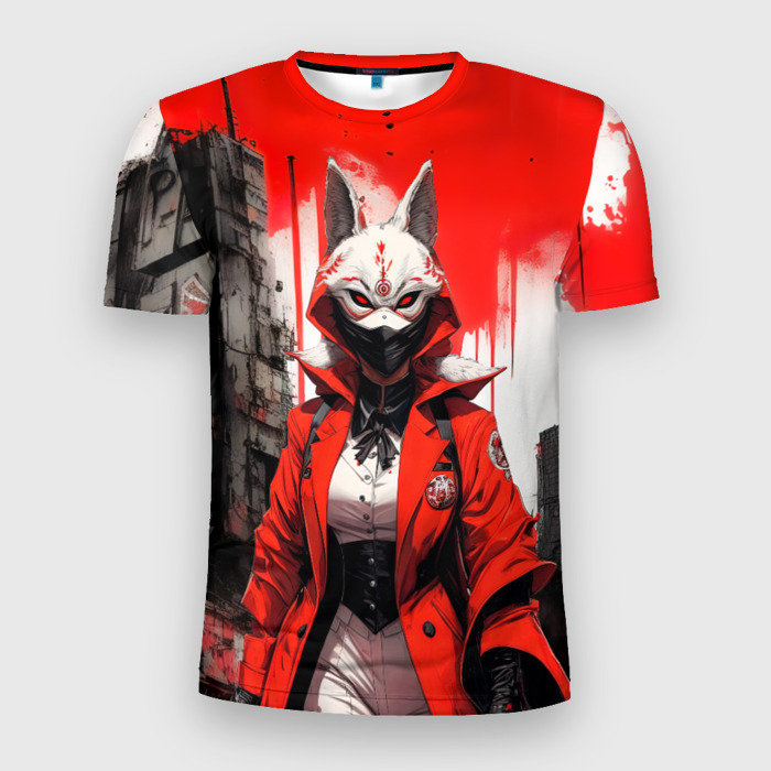 Мужская футболка 3D Slim Девушка в  маске кицунэ фото