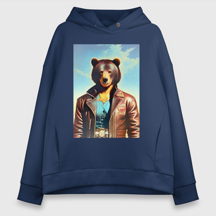 Женское худи Oversize хлопок Cool bear in a leather jacket   neural network фото