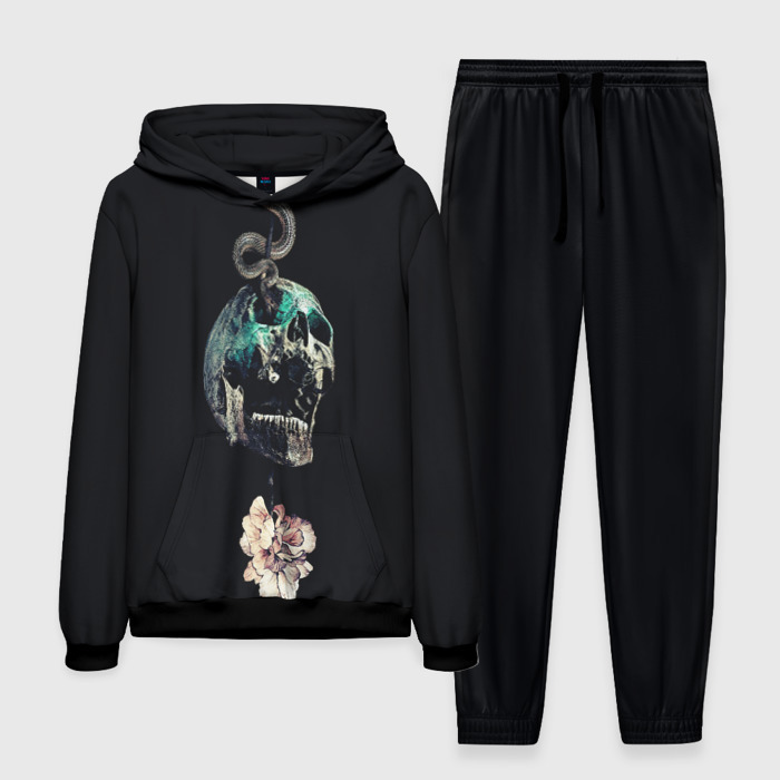Мужской костюм с толстовкой 3D Череп со змеёй и цветком фото