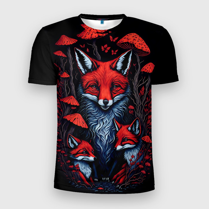 Мужская футболка 3D Slim Красный лис и грибы фото