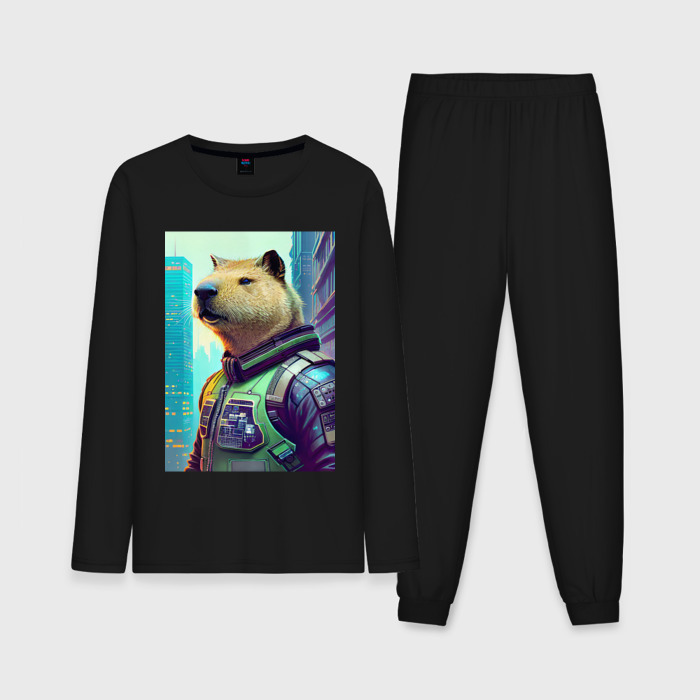 Мужская пижама с лонгсливом хлопок Capybara   neural network   cyberpunk фото