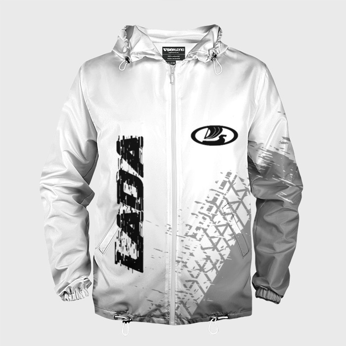 Мужская ветровка 3D LADA speed на светлом фоне со следами шин: надпись, символ фото