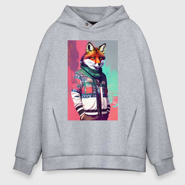 Мужское худи Oversize хлопок Крутой лис в модной куртке   нейросеть фото