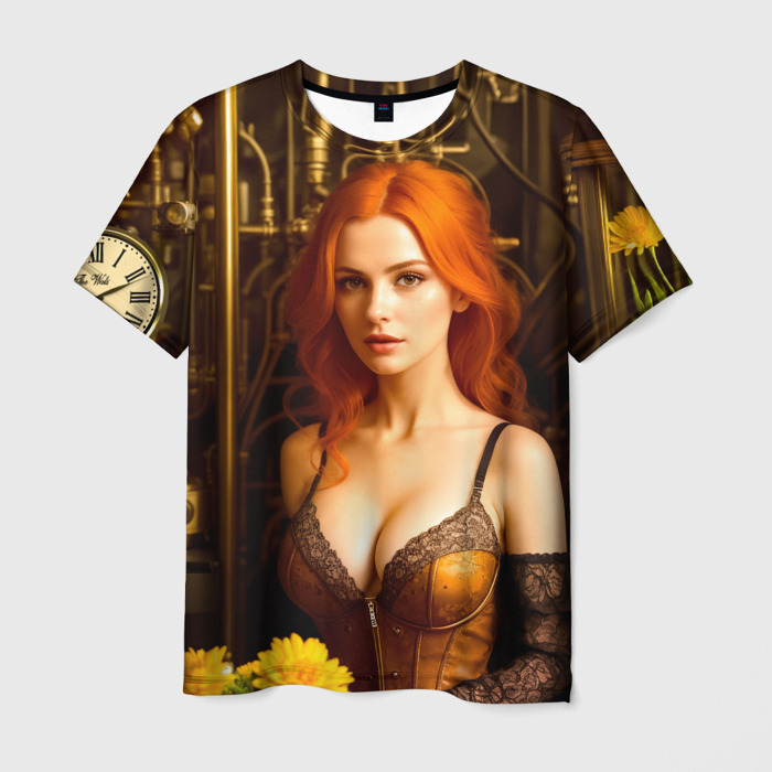 Мужская футболка 3D Девушка рыжая с ретро флорариумом фото