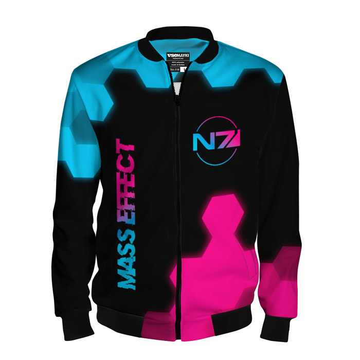 Мужской бомбер 3D Mass Effect   neon gradient: надпись, символ фото