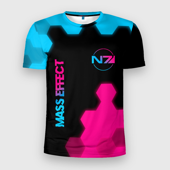 Мужская футболка 3D Slim Mass Effect   neon gradient: надпись, символ фото
