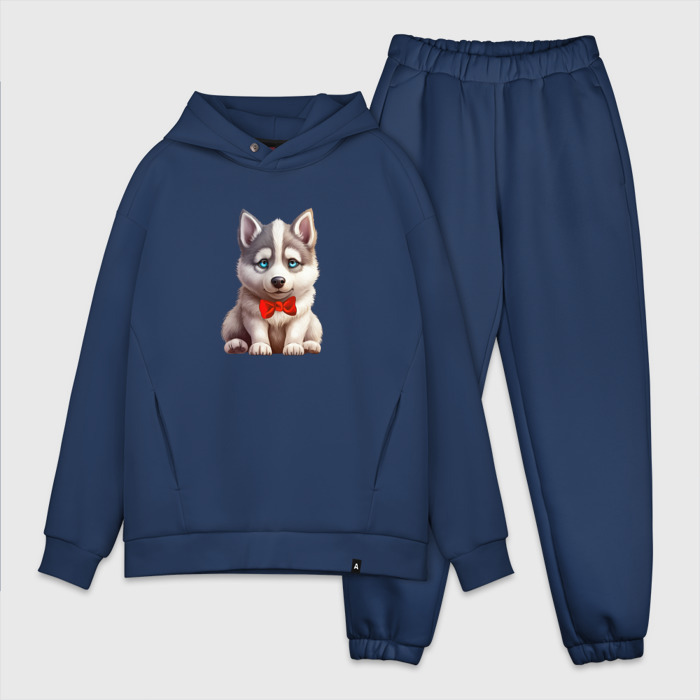 Мужской костюм oversize хлопок Хаски с голубыми глазами и красной бабочкой фото