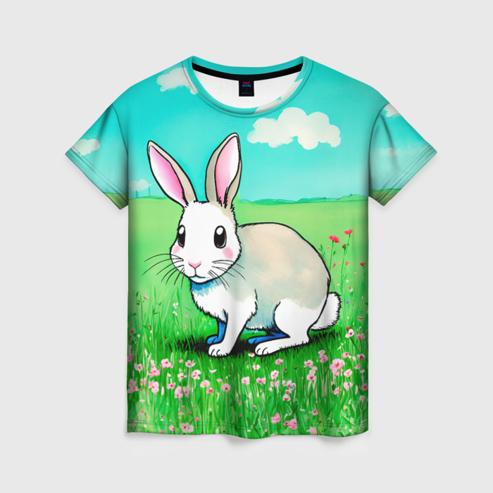 Женская футболка 3D Заяц на лугу рисунок фото