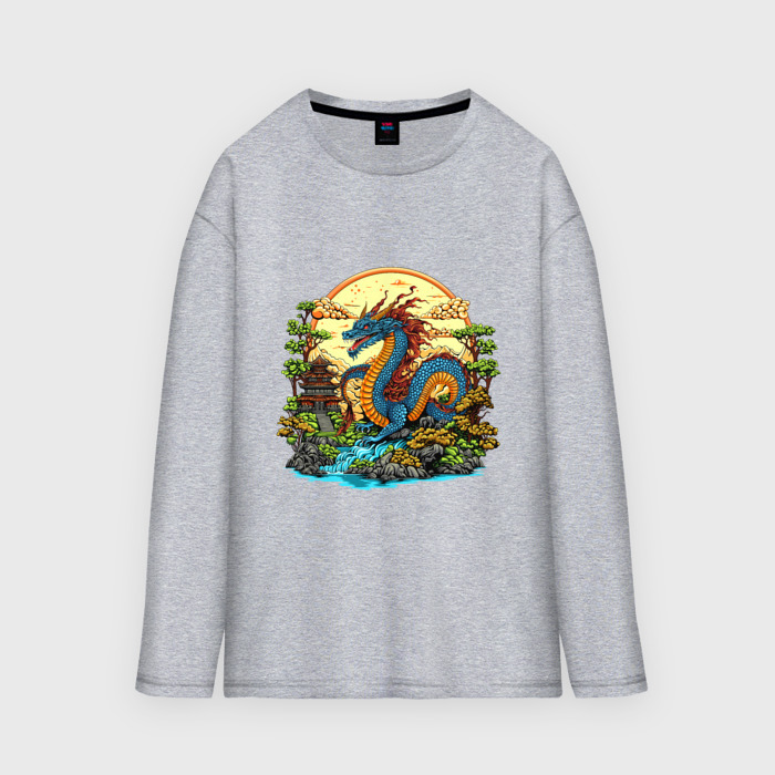 Мужской лонгслив oversize хлопок Синий дракон у реки фото