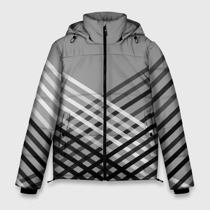 Мужская зимняя куртка 3D Косые черно белые полосы на сером фото
