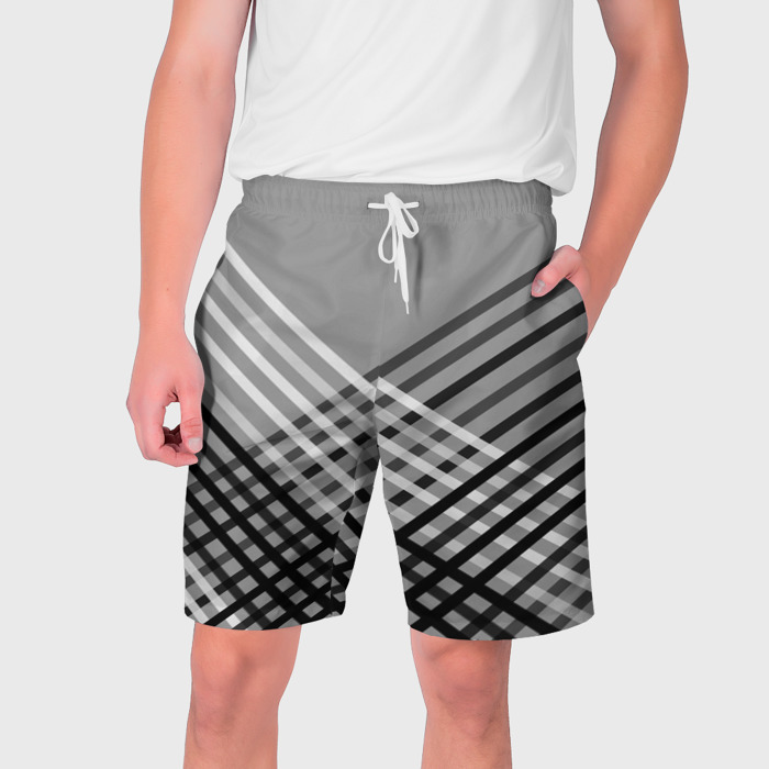 Мужские шорты 3D Косые черно белые полосы на сером фото
