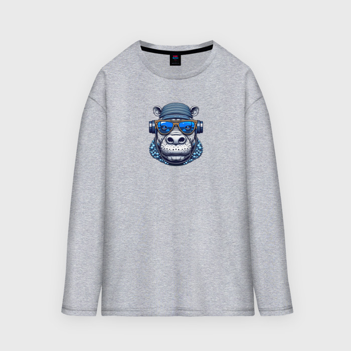 Мужской лонгслив oversize хлопок Бегемот и наушники фото