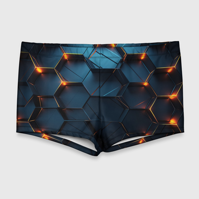 Мужские купальные плавки 3D Синие объемные плиты с оранжевыми вставками фото