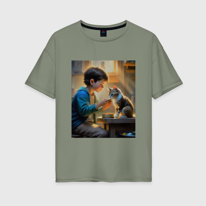 Женская футболка хлопок Oversize Мальчик кормит рыжего кота фото