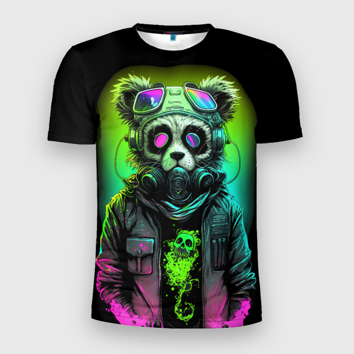 Мужская футболка 3D Slim Панда киберпанк кислотный зеленый фото