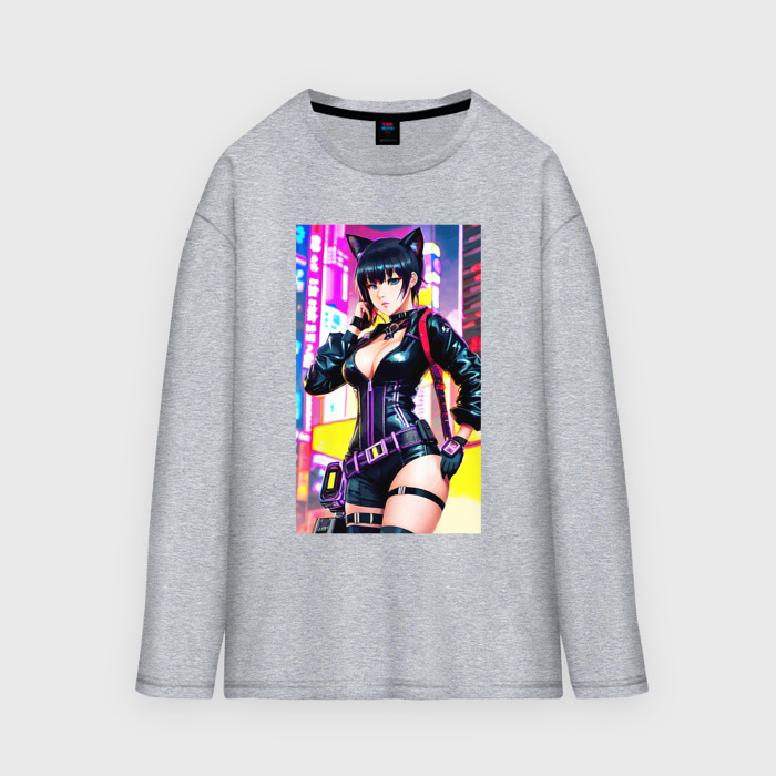 Мужской лонгслив oversize хлопок Cool cat girl   anime   cyberpunk фото