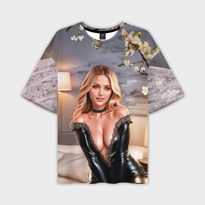 Мужская футболка oversize 3D Девушка блондинка в чёрном платье фото