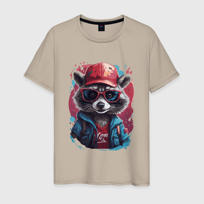 Мужская футболка хлопок Енот в очках и кепке фото