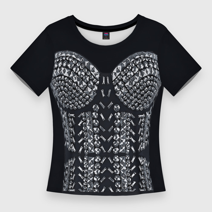 Женская футболка 3D Slim Черный корсет с блестящими стразами фото