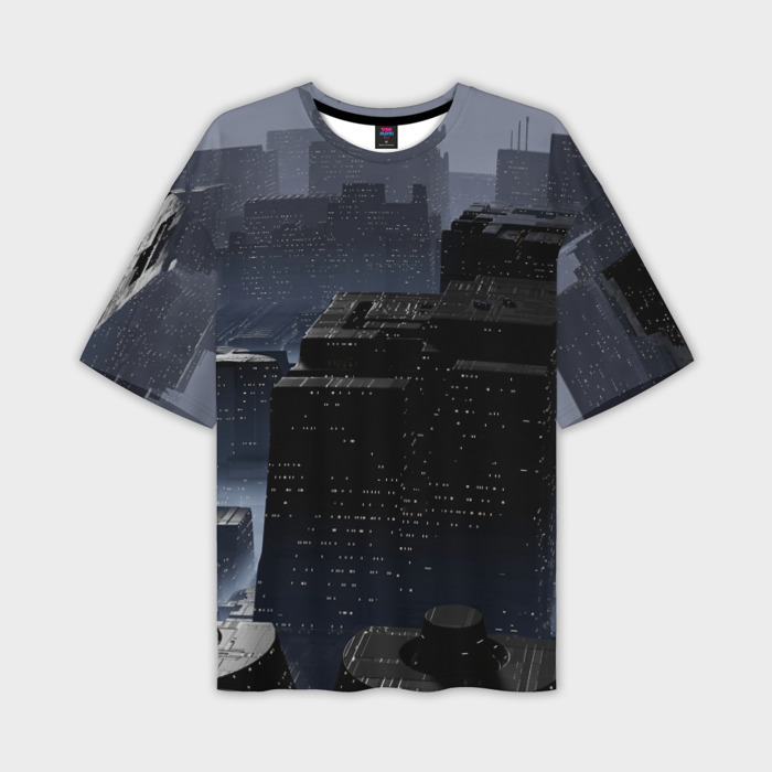 Мужская футболка oversize 3D Тёмный киберпанковый город фото