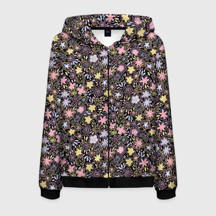 Мужская толстовка 3D на молнии Дудл цветы на чёрном фоне фото
