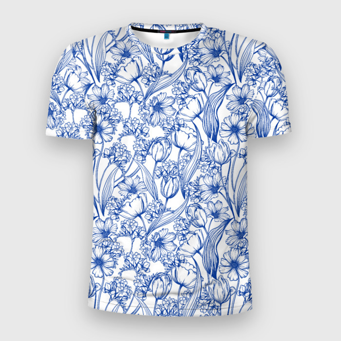 Мужская футболка 3D Slim Синие графические цветы фото