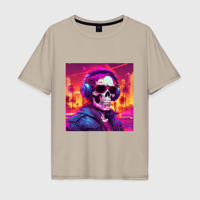 Мужская футболка хлопок Oversize Скелет с неоновыми волосами в очках и наушниках фото