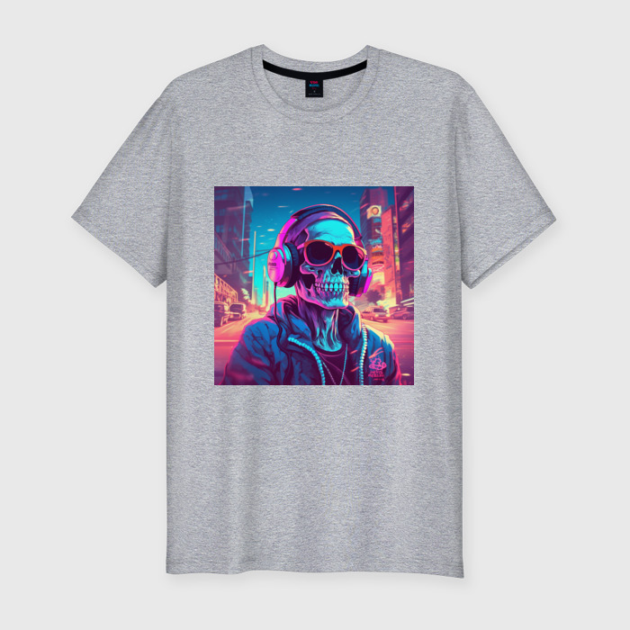 Мужская футболка хлопок Slim Скелет в очках и неоновых наушниках фото