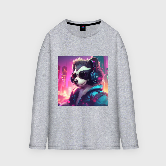 Мужской лонгслив oversize хлопок Скунс в очках и наушниках фото