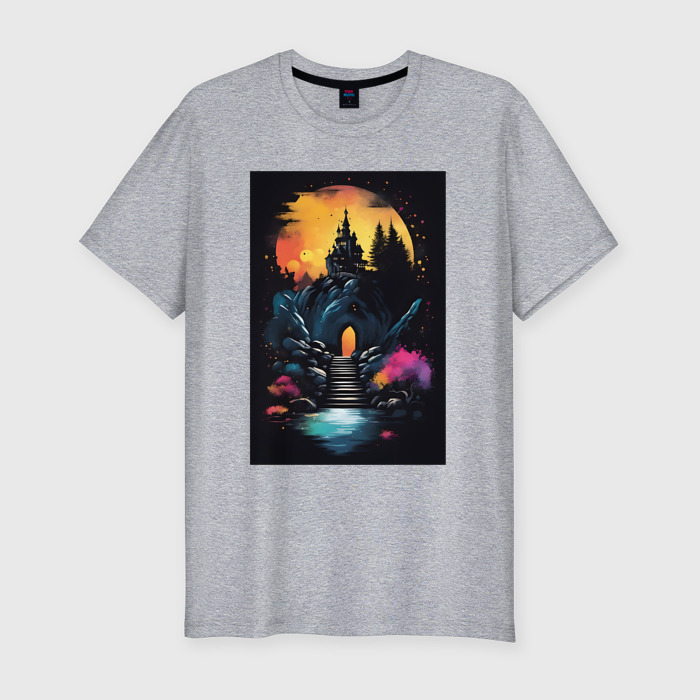 Мужская футболка хлопок Slim Чёрный замок на скале   нейросеть фото