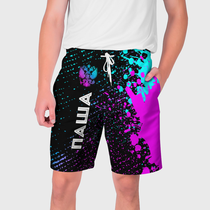 Мужские шорты 3D Паша и неоновый герб России: по вертикали фото