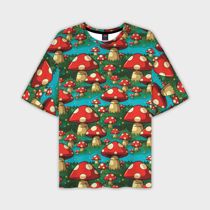 Мужская футболка oversize 3D Мультяшный мухомор паттерн фото