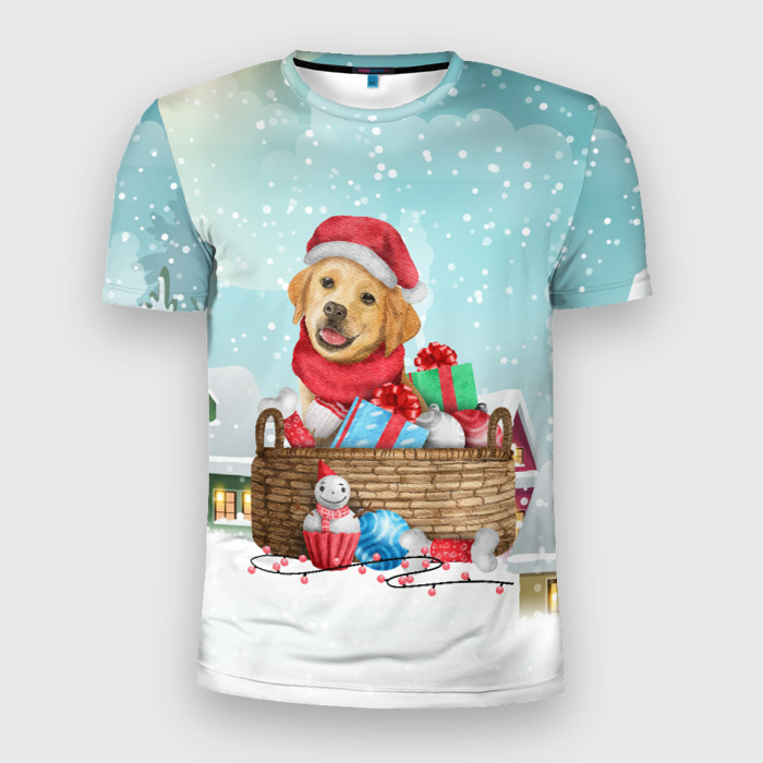 Мужская футболка 3D Slim Пес в новогодних подарках фото
