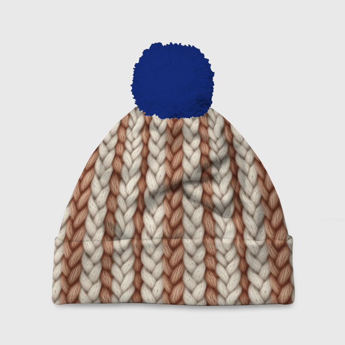 Шапка 3D c помпоном Белая коричневая пряжа фото